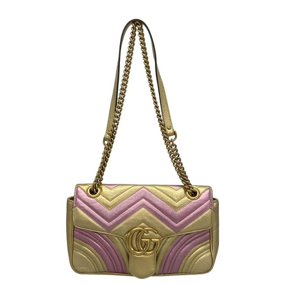 GUCCI GG Marmont Quilting Small Gold Pink Leather Shoulder Bag bran796-100425 - Picture 1 of 16
